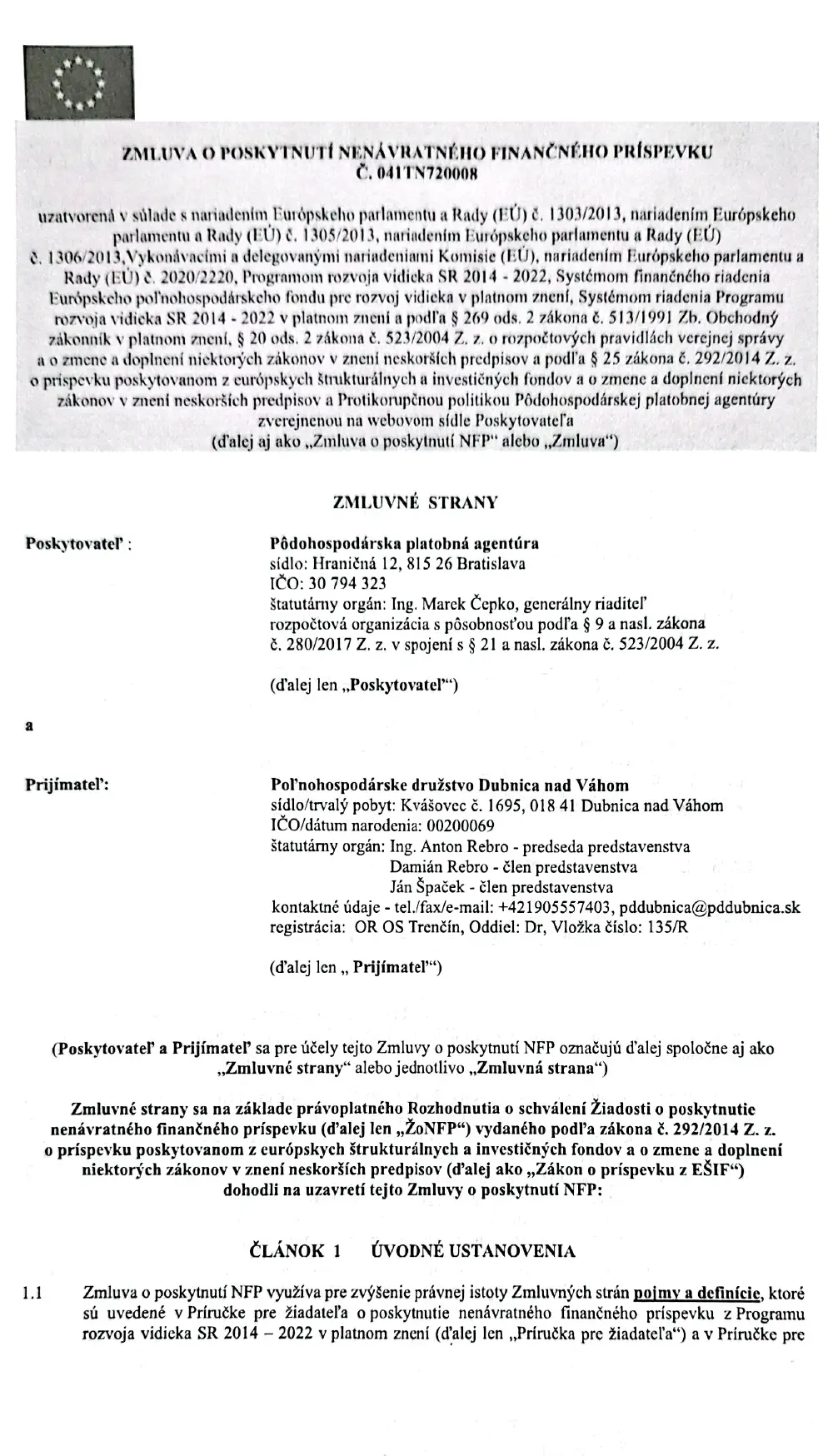 Zmluva o poskytnutí nenávratného finančného príspevku č.041TN720008 - 1.strana
